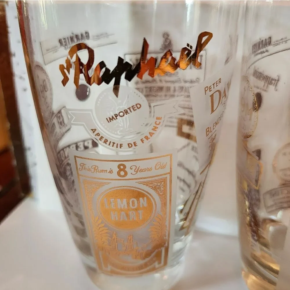 Vintage Mint '60s Set Of 3 22k Gold European Brand Graphics Drinking/Bar Glasses